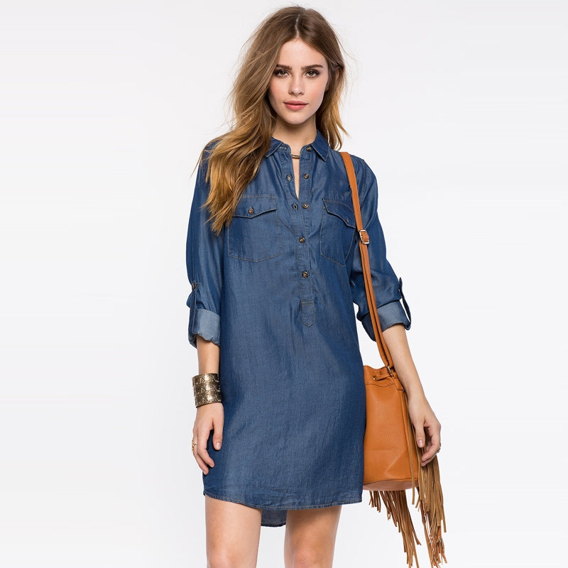 Single Breasted Mini Dress POLO Solid Pocket