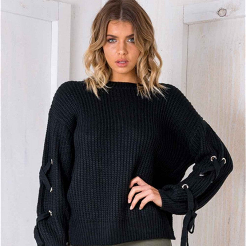 O-Neck hollow knit sleeves loose sweater