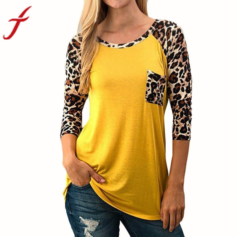 Blouse Leopard Splicing Pocket Yellow Shirt Women Blouse
