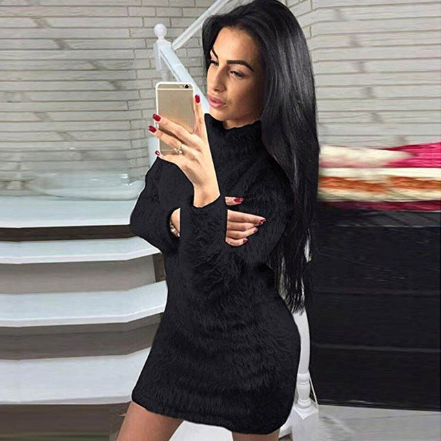 Mini Vestido Long Sleeve Polo Neck Solid Plush Pullover
