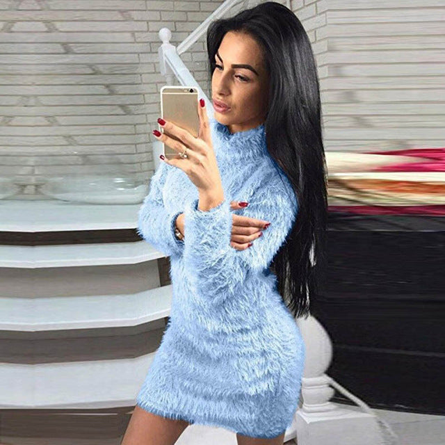 Mini Vestido Long Sleeve Polo Neck Solid Plush Pullover