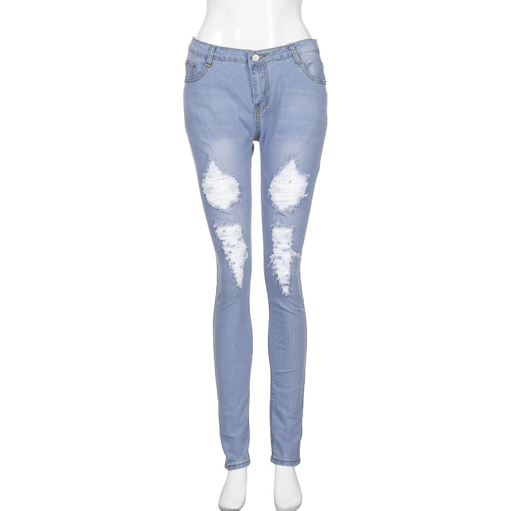 Ripped Holes Jeans Pants High Waist Stretch