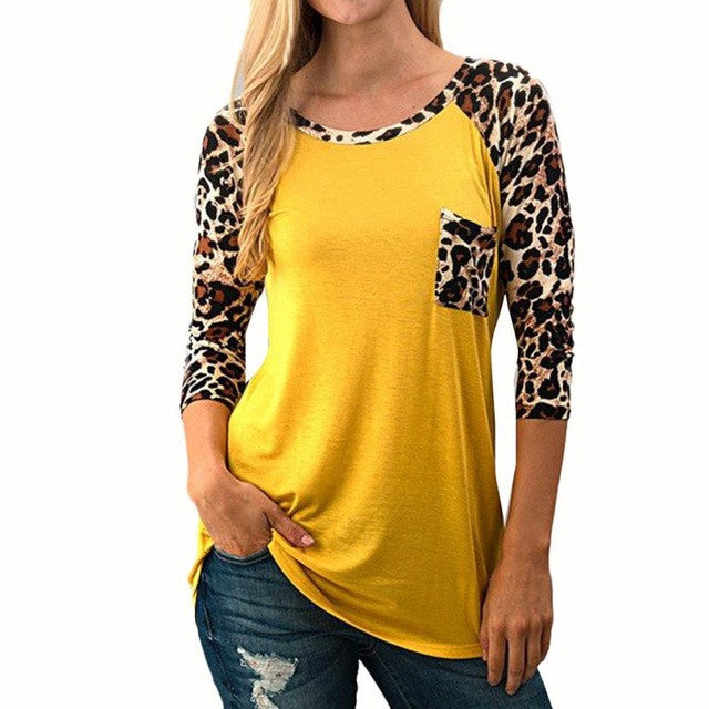 Blouse Leopard Splicing Pocket Yellow Shirt Women Blouse
