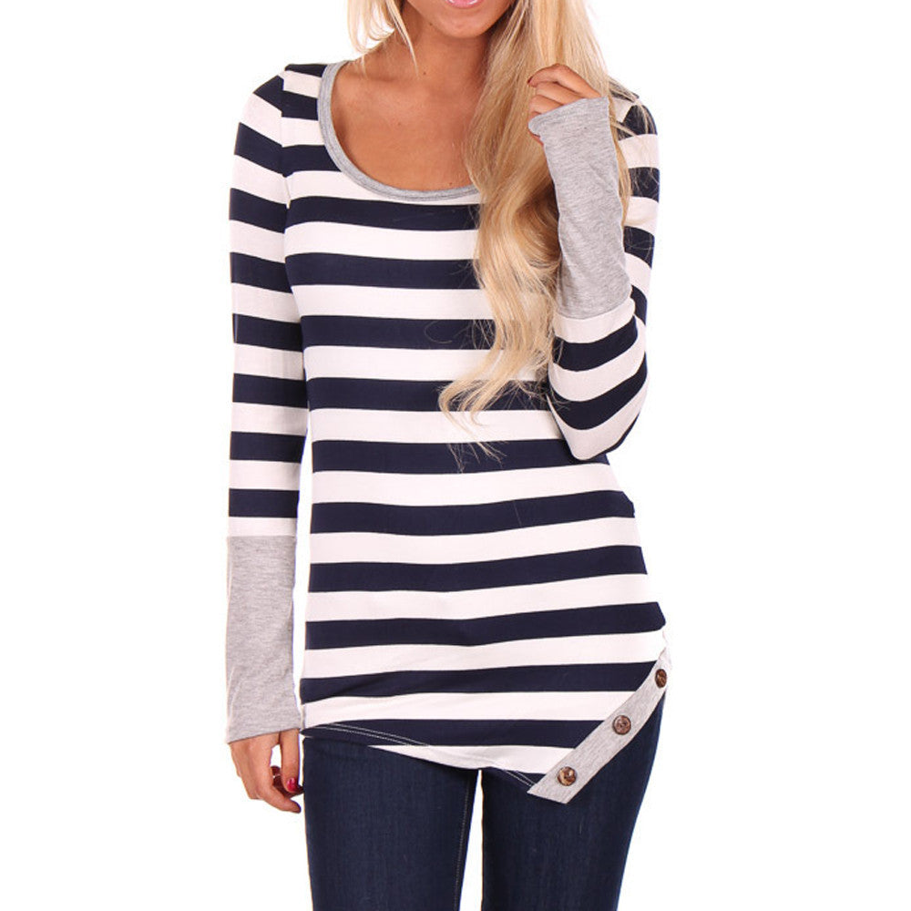 Stripes Stitching Long-sleeved Shirt O-Neck Tops Blouse