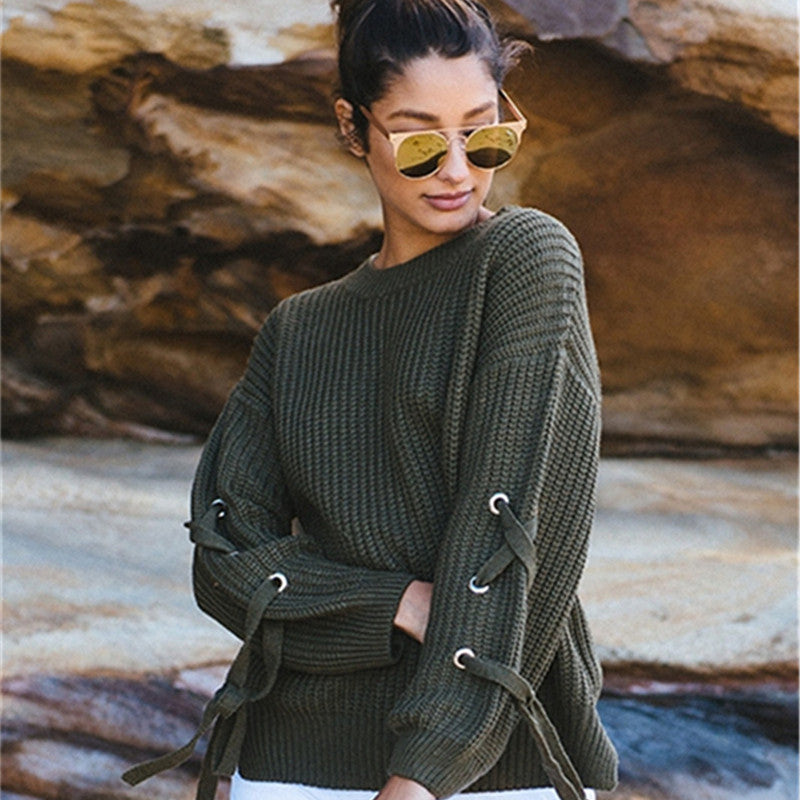 O-Neck hollow knit sleeves loose sweater