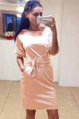 Pink Casual Long Sleeve Mini Dress with Belt