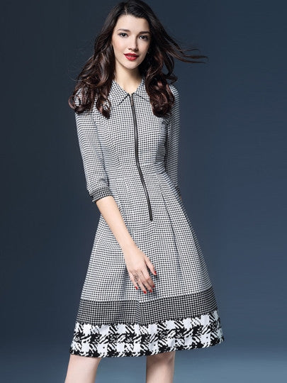 Houndstooth Zipper Polo Neck Women's Day Dress