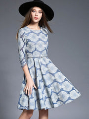 Embroidery Waves Printed Belt Women's Dress