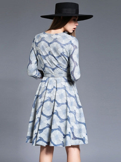 Embroidery Waves Printed Belt Women's Dress