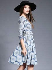 Embroidery Waves Printed Belt Women's Dress