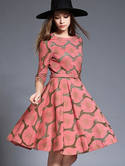 Embroidery Waves Printed Belt Women's Dress