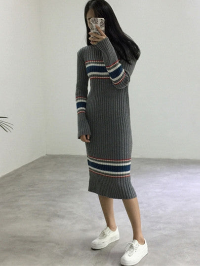Gray Striped Women's Sweater Dress