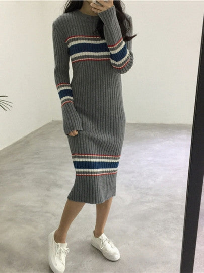 Gray Striped Women's Sweater Dress