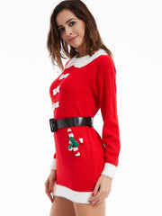 Christmas Pretty Belt Long Sleeve Women's Sweater Dress