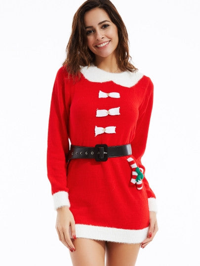 Christmas Pretty Belt Long Sleeve Women's Sweater Dress