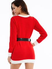 Christmas Pretty Belt Long Sleeve Women's Sweater Dress