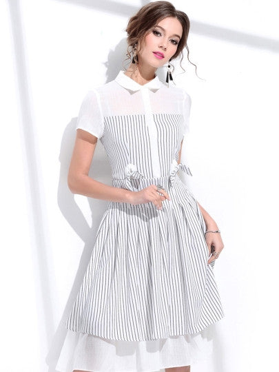 Bowknot Polo Neck Stripe Women's Day Dress