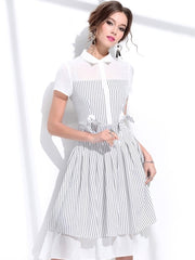 Bowknot Polo Neck Stripe Women's Day Dress