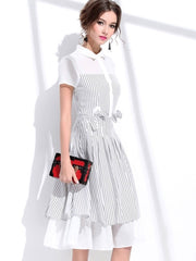 Bowknot Polo Neck Stripe Women's Day Dress