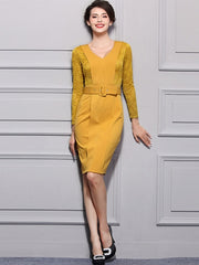 Yellow Lace Patchwork Belted Women's Sheath Dress