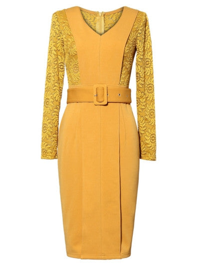 Yellow Lace Patchwork Belted Women's Sheath Dress
