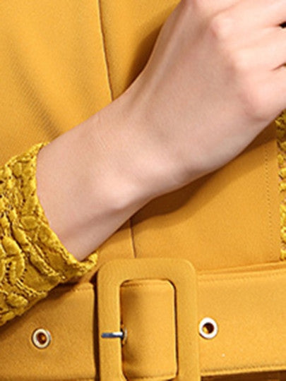 Yellow Lace Patchwork Belted Women's Sheath Dress