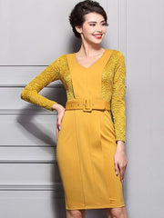 Yellow Lace Patchwork Belted Women's Sheath Dress