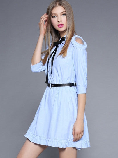 Bowknot Polo Neck Cold Shoulders Belt Women's Dress