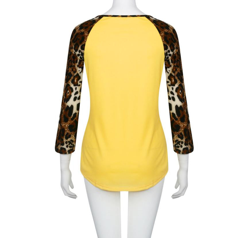 Blouse Leopard Splicing Pocket Yellow Shirt Women Blouse