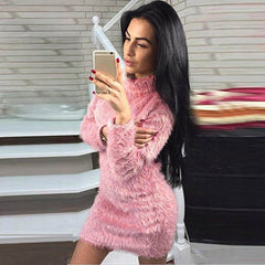 Mini Vestido Long Sleeve Polo Neck Solid Plush Pullover