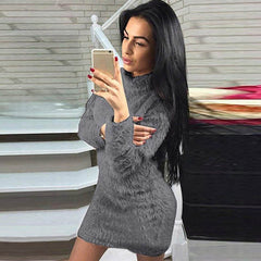 Mini Vestido Long Sleeve Polo Neck Solid Plush Pullover
