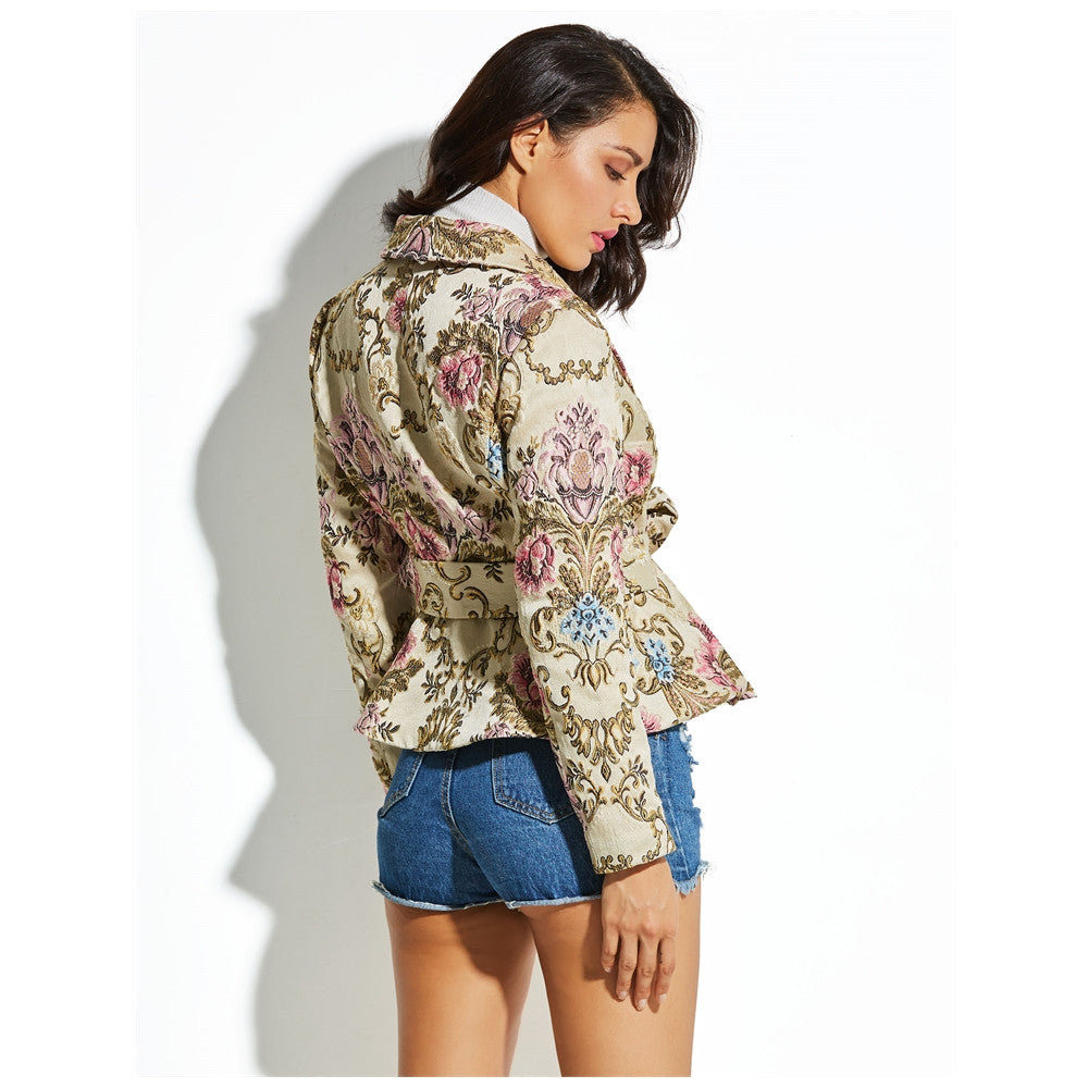 Full Sleeves Nude Flower Trench Jacket